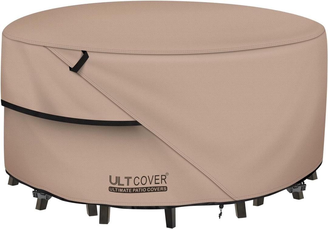 ULTCOVER Round Patio Furniture Cover - Outdoor Waterproof Table with Chair Set Cover 92 inch, Brown
