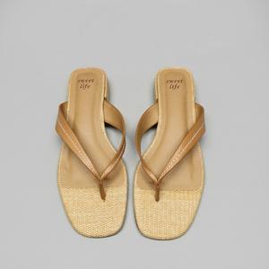 DOEYG Raffia Heels Sandals Summer Beach Flip Flops Heels Square Open Toe Heeled Sandals Dressy Comfortable Slip on Thong Sandal, 8.5M