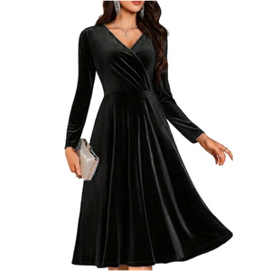 BeryLove Velvet Cocktail Party Formal Dress Long Sleeve Winter Wedding Guest Dresses (Large, Black)