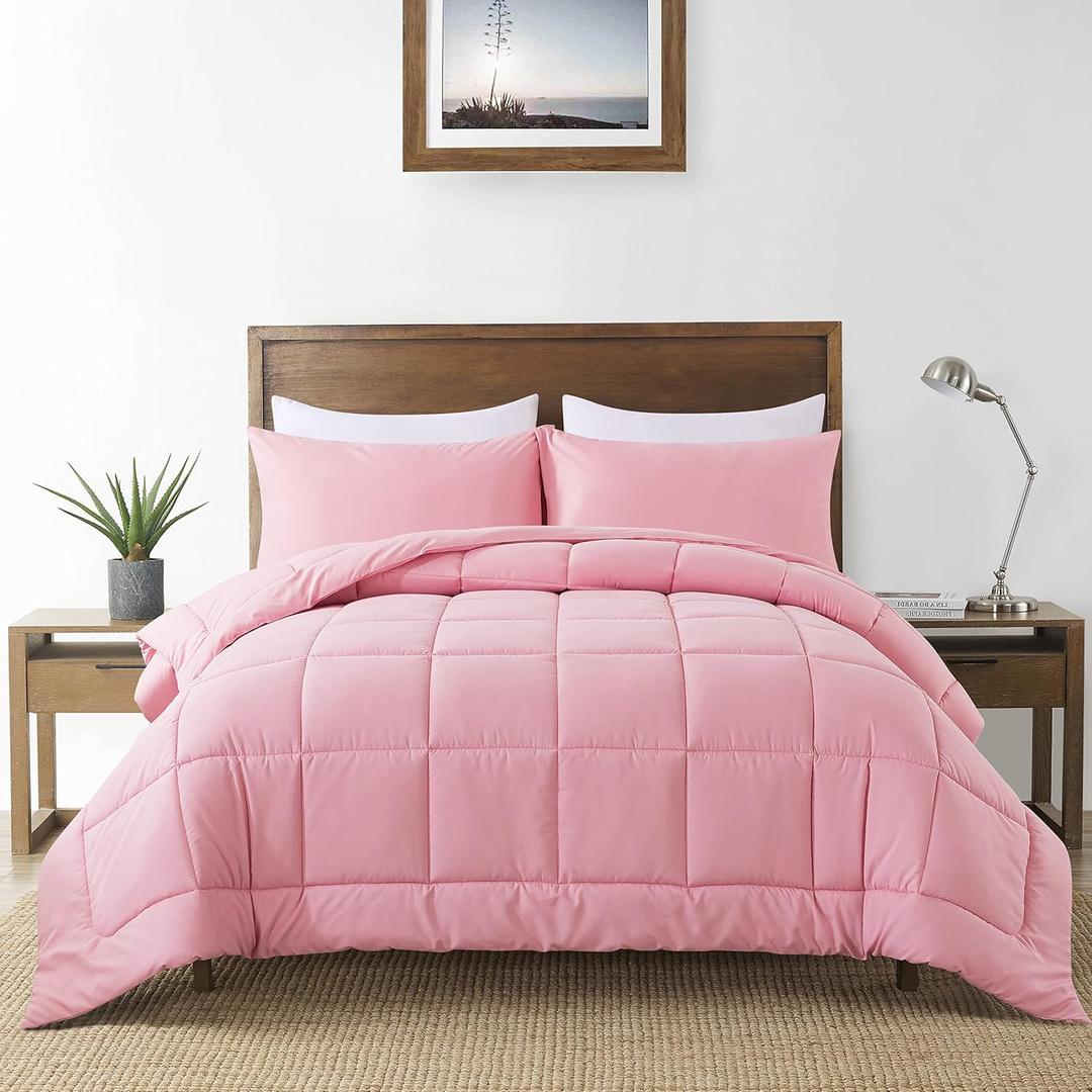 DOWNCOOL Queen Comforter Set -All Season Bedding Comforters Sets with 2 Pillow Cases-3 Pieces Bedding Sets Queen -Down Alternative Pink Queen Size Comforter Sets(88"x92")