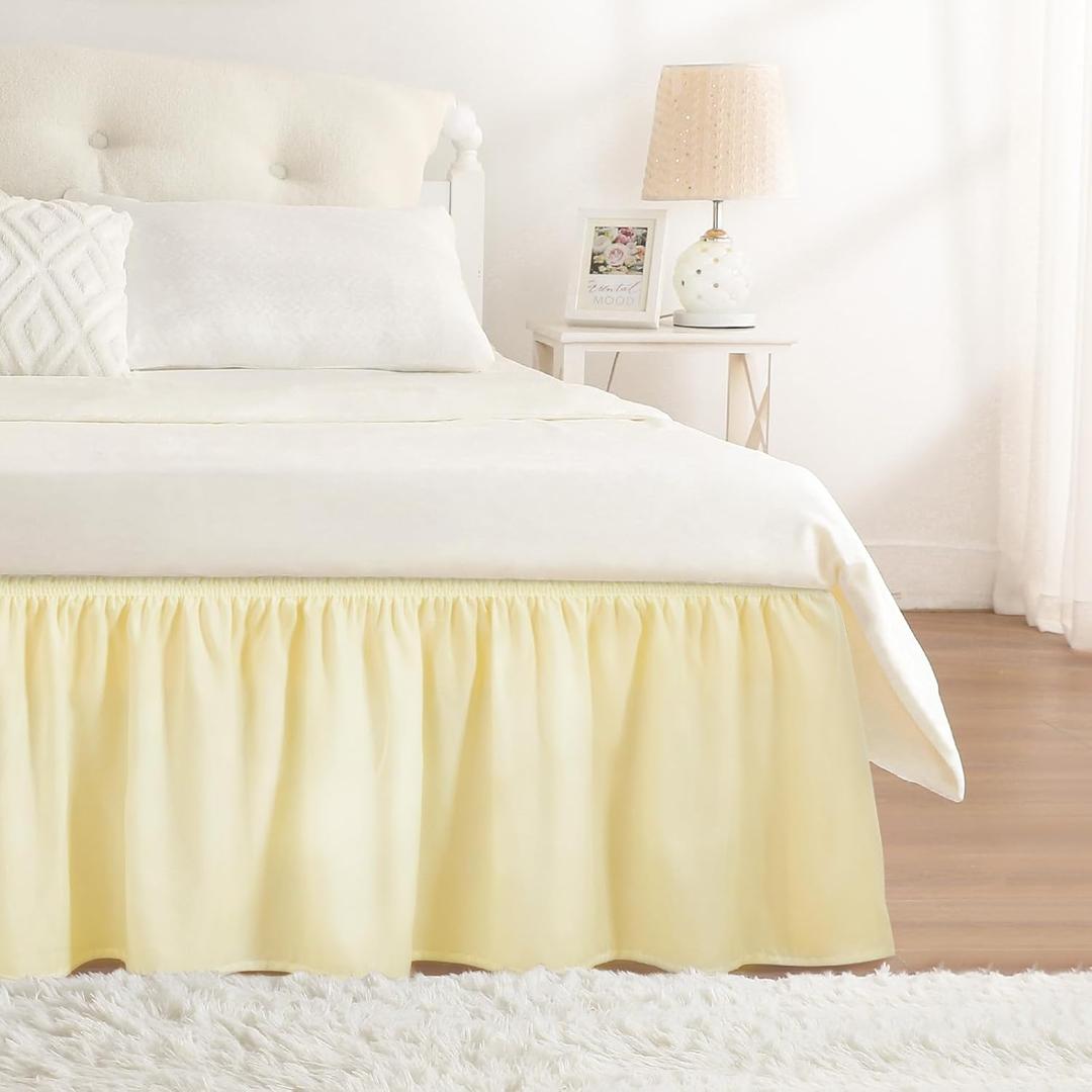 RIMELA Bed Skirt Queen Size 12 Inch Drop, Wrap Around Elastic Bedskirt Solid Microfiber Luxury Hotel Quality Fabric, Easy to Install Machine Washable Wrinkle & Fade Resistant, Light Yellow