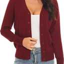 Women's V Neck Button Down Long Sleeve Cardigan Sweater (Red)