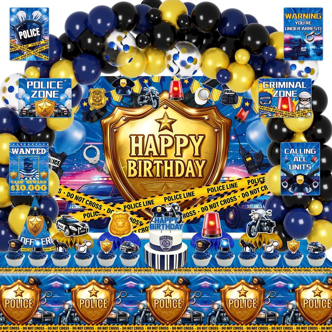 Mpanwen Police Birthday Party Decorations, 112Pcs Police Car Themed Party Decor Supplies - Backdrop, Balloons, Cake Toppers, Tablecloth, Centerpieces, Hanging Swirls, Wall Signs