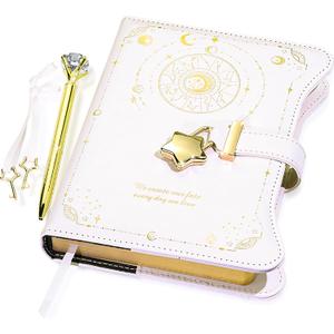Diary with Lock and Keys for Girls Gift Ideas, 360 Gold Edged Pages Journal for Women, B6 Refillable Notebook for Writing with Pen and Bookmark (Astro White)