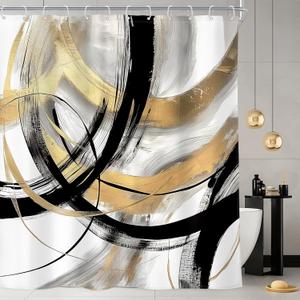 Riyidecor Black Gold Abstract Shower Curtain 72Wx72H Inch Modern Graffiti Minimalist Line Art Simple Geometric Sketch Cool Unique Aesthetic Man Boy Bathroom Decor Set Fabric 12 Pack Plastic Hooks