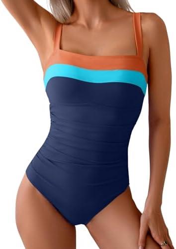 Eomenie Women's One Piece Swimsuit Tummy Control Ruched Bathing Suit Full Coverage Slimming Swimwear Color Block Swim Suit, L
