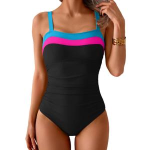 Women's Ribbed One Piece Swimsuits Color Block Tummy Control Bathing Suit Slimming 1 Piece Swimwear (Large, Black-pink-blue)