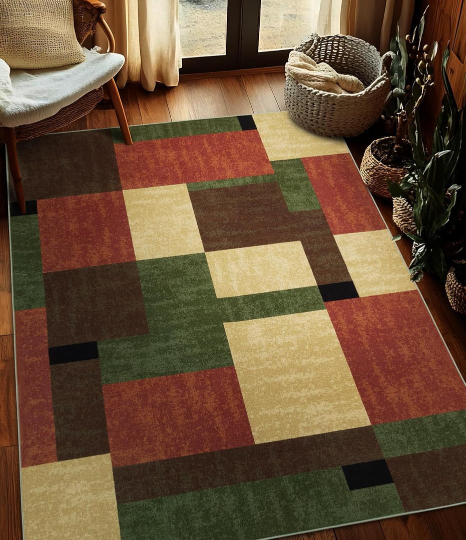 YIHOUSE Red and Green Area Rug 3x5, Burgundy Farmhouse Rugs Washable,Vintage Rugs for Bedroom,Burnt Orange Rug Non Slip,Geometric Boho Area Rug for Kitchen,Dining Room