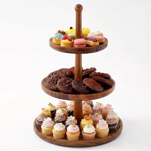 BURMAN Cupcake Stand Dessert Table Display Set – 2 in 1 Adjustable Height Rustic Natural Acacia Cupcake Holder Round Wood Tray – Three Tiered Serving Stand with Rotating Wheels, Anti Slip Stickers