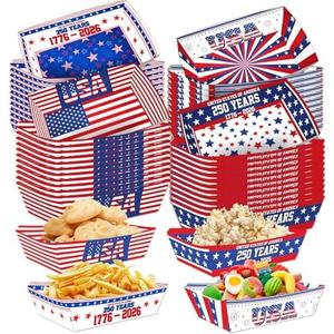Falueqg Fourth of July Party Decorations - 60 Pcs 4th of July Paper Food Trays Disposable 250th Anniversary America Food Boats Serving Tray for Memorial Day Independence Day Patriotic Party Supplies