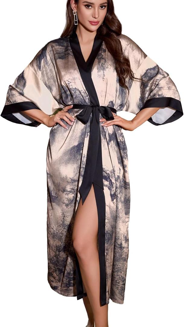Silk Satin Robe for Women Long Kimono Floral Lightweight Bathrobe Soft Thin Ladies Luxury House Robes, One Size (Ink-Painting)