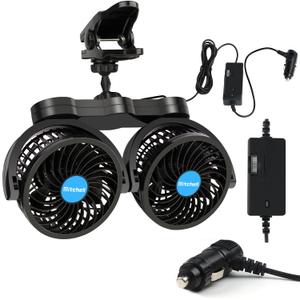 12V Car Fan, Adjustable 4 Inches Dual Head Car Clip Fan for Front/Rear Seat Passenger, 360 Rotatable Cars Fans with Stepless Speed Regulation for Car/Vehicle SUV, RV