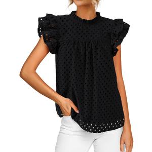 BTFBM Casual Summer Tops for Women 2026 Short Ruffle Sleeves Shirts Crew Neck Hollow Out Lace Embroidered Blouses, S