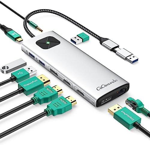 GiGimundo LK10 USB3.0 Displaylink Docking Station Dual 4K 60Hz for M1 M2 M3 MacBook/PC/Laptop, Portable DisplayLink Adapter with 3xUSB3.2 Ports, 2xHDMI, 2xDP, USB-C PD100W, Ethernet, Audio, Silver