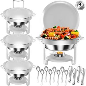 Round Chafing Dishes for Buffet 5 Qt,High Grade Chafing Dish Buffet Set, Full Size Pan,Rolled-Edge Design Food Warmers for Parties,Buffet,Wedding,Birthday,Camping 4 PACK (White)