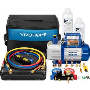 VIVOHOME 110V 1/2 HP 5CFM 2 Stage HVAC Vacuum Pump and 4 Way AC Manifold Gauge Set Kit with Leak Detector 5ft Hoses for R134a R12 R22 R502 R410a Auto Air Conditioning Refrigeration Recharging (blue)