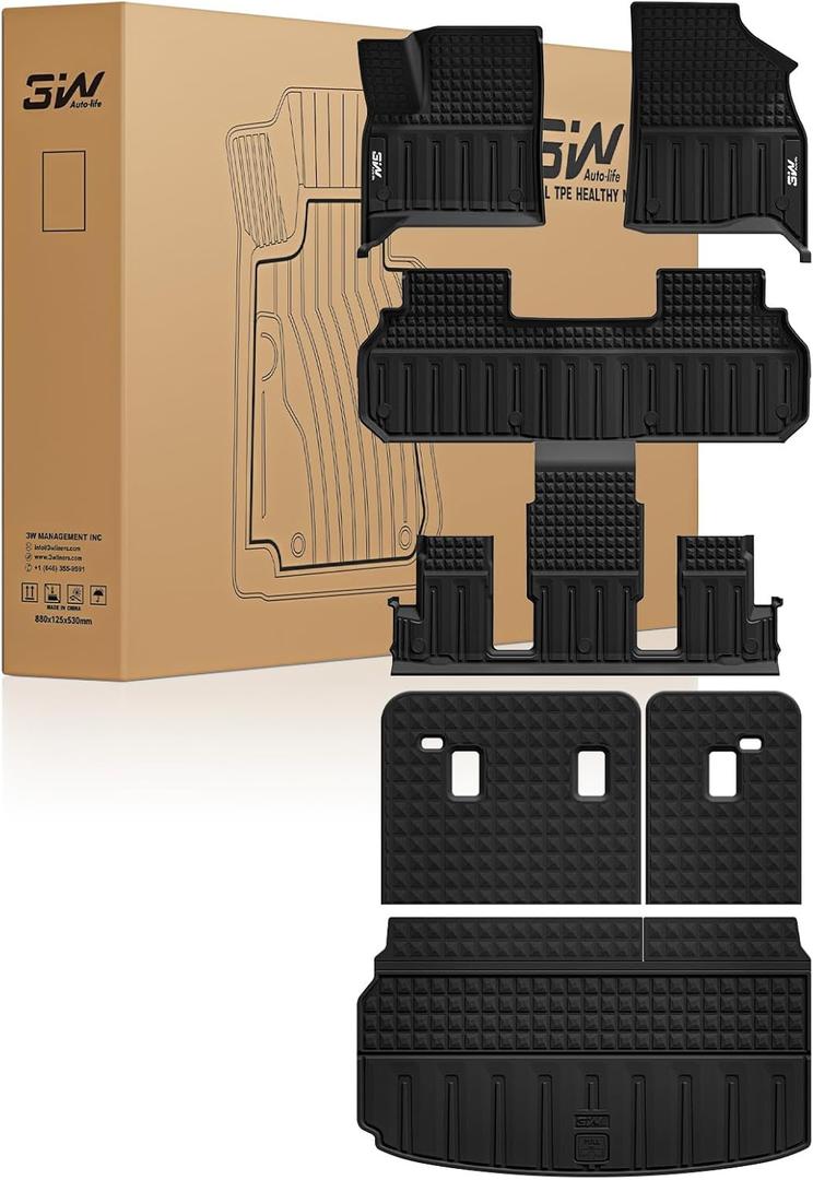 3W Floor Mats & Seat Back Mats & Cargo Liner for Chevrolet Chevy Traverse & GMC Acadia 2024-2026 (Only 7 Seats) & Buick Enclave 2025-2026, All Weather TPE Custom Fit Full Set Floor Liners