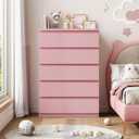 Jocoevol Pink 5 Drawer Dresser for Bedroom, 15" D x 23.7" W x 40.4" H in Simply Chest of Drawers, Wood Storage Dresser with Drawers for Living Room Hallway Entryway, Pink