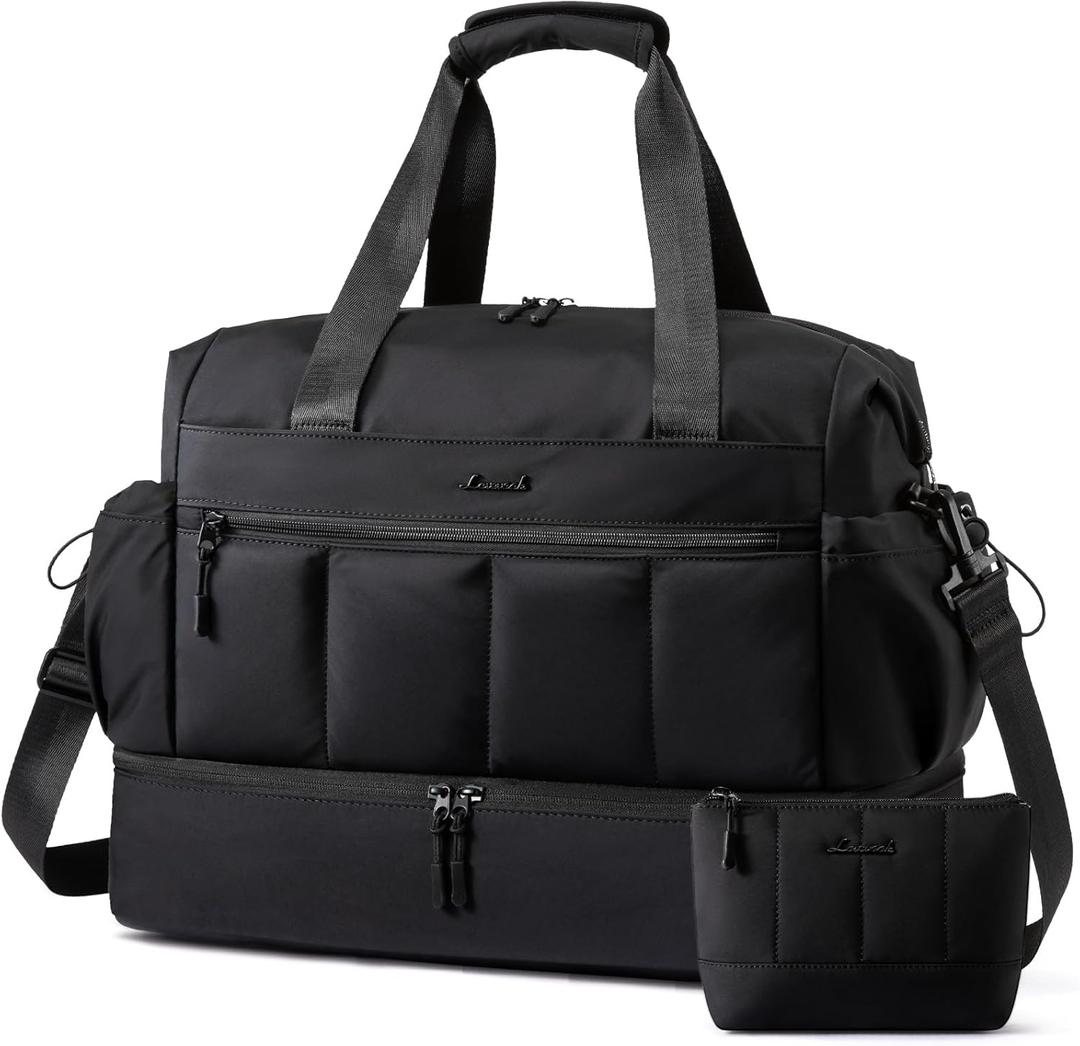 LOVEVOOK Travel Duffel Bag, Weekender Bags for Women, Large Overnight Bags with Shoe Compartment, 47L Carry on Gym Hospital Bag with Wet Pocket, 2 Pcs (Black)