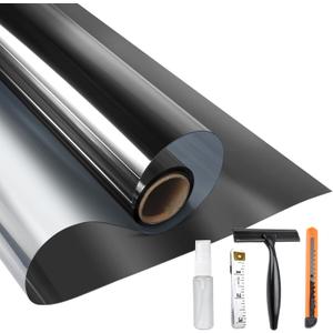 KESPEN One Way Window Privacy Film, Reflective Heat Sun Blocking Window Tint, See Out Not in(Light Outside Strong Than Inside) Window Films for Home Door,17.5 Inch X 78 Inch, Black-Silver