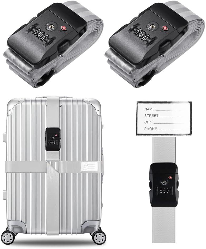 Veki Cross Luggage Straps Set TSA Approved with Lock Adjustable Travel Suitcase Belts Suitcase Tags with Name ID Card Packing Straps for Suitcases Strap Travel Accessories (Silver Gray*2pcs)