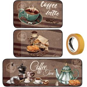 3 Pcs Coffee Kitchen Rugs and Mats Set Farmhouse Kitchen Decor Non Slip Washable Rustic Holiday Coffee Theme Floor Mat for Home Bar Office Bathroom Door Party Decor (Brown)
