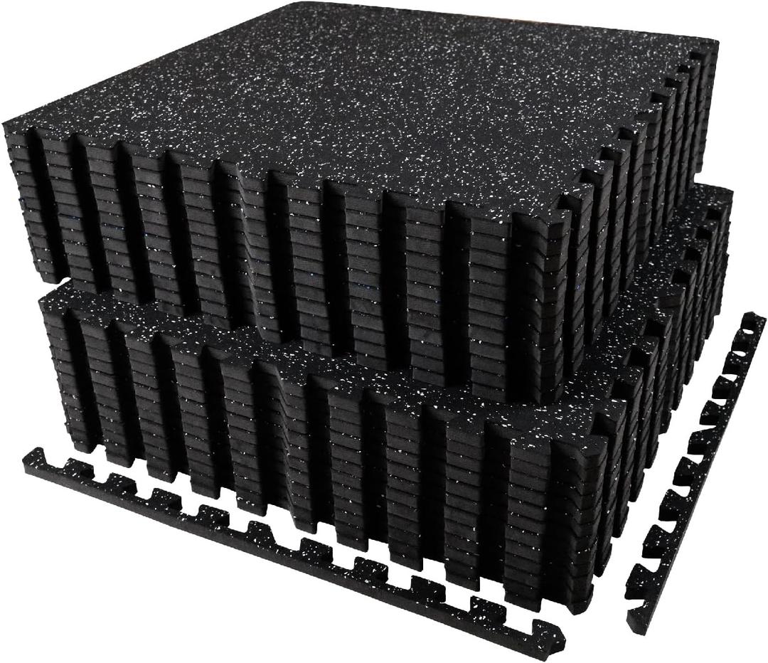 AIRHOP 0.56in Thick 96 Sq Ft Exercise Equipment Mats, 24 Tiles Upgraded Rubber Top with High Density EVA Foam, Large Interlocking Puzzle Gym Flooring for Home Gym, Heavy Weight Workout, 24 x 24in (Black/White)