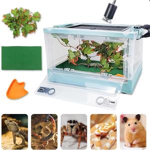 Travel Portable Foldable Terrarium Kits for Reptiles -Heat-Resistant Material, Easy to Move with Wheels, Includes Plant, Feeding Bowl, and Carpet for Snakes, Lizards, Tortoises, and Leopard (Blue)