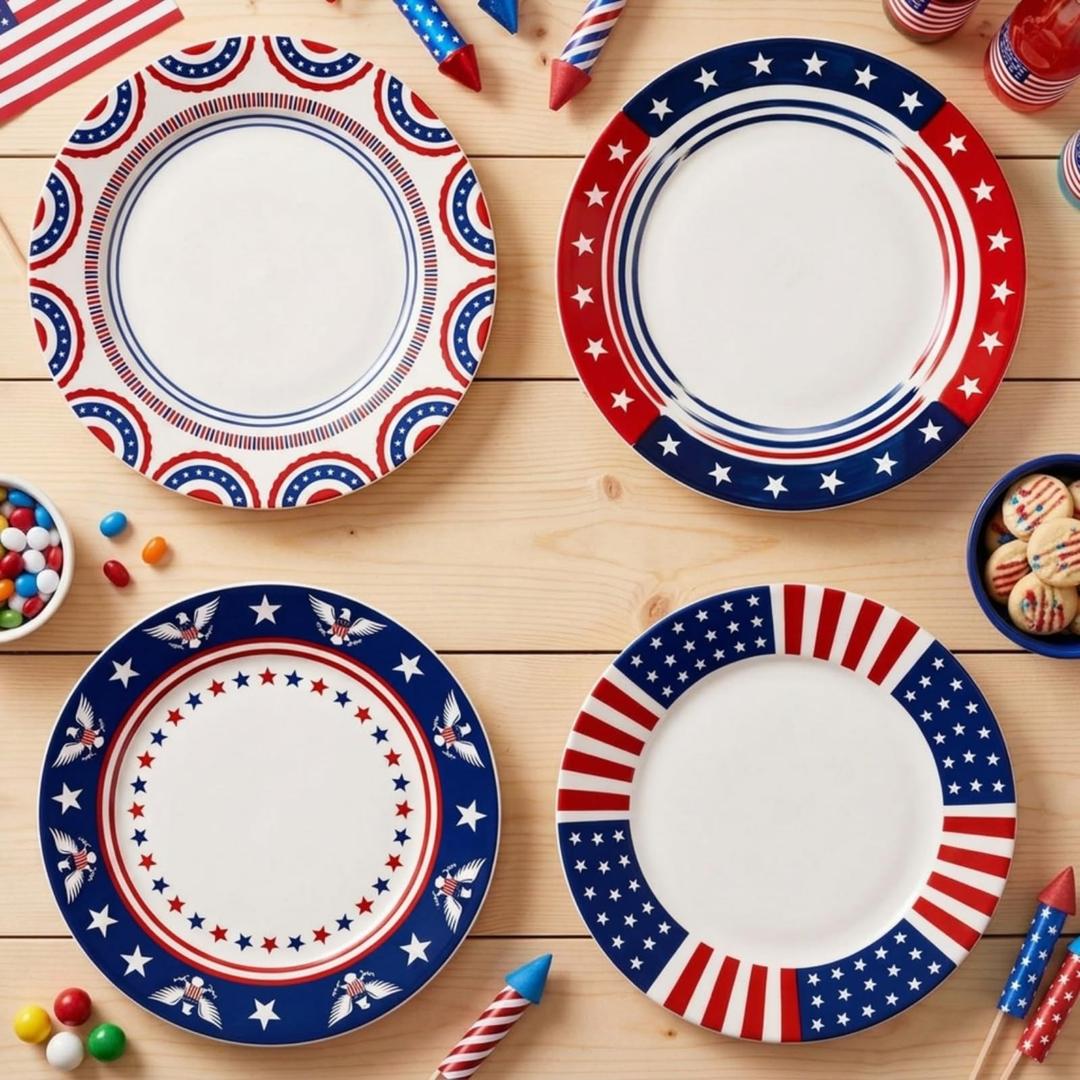 Rtteri 4 Pcs Patriotic Ceramic Plates 9 Inch 4th of July Red White Blue Patriotic Dishes American Flag Ceramic Flat Dinner Dessert Plates for 250 Anniversary Independence Day Dinnerware Decorations