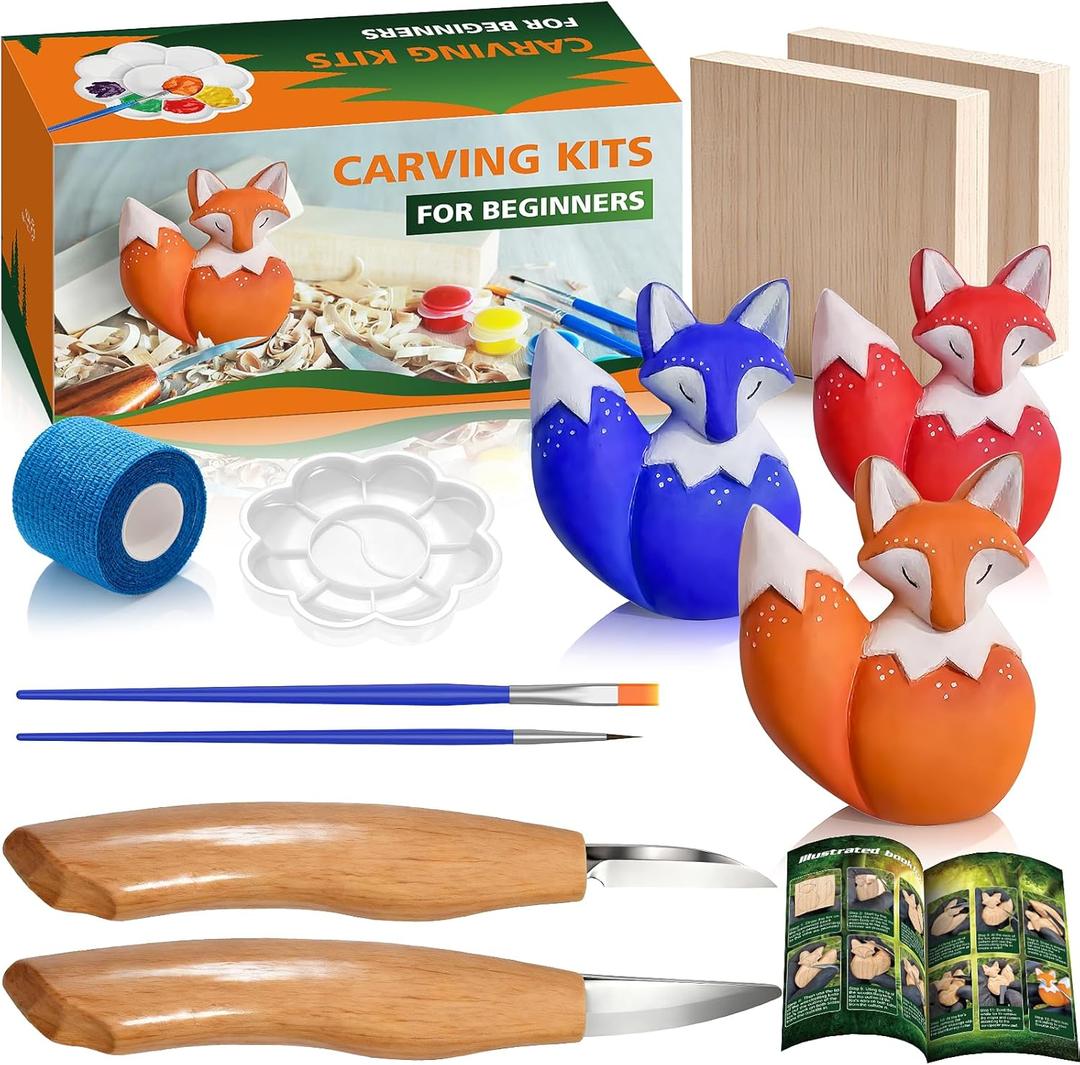 Fox Theme Wood Carving Kit for Beginners, Wood Whittling Kit for Adults Hobbies, Complete Carving Tool DIY Starter Kit with Step-by-Step Video Tutorials, Whittling Knife, Blocks, Carbon Paper (colorful)