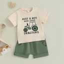 Baby Boy Cute Letter Short Sleeve Shirt Top Elastic Waist Shorts Toddler Summer Outfits (Green Just A Boy Who Loves Tractors, 12-18 Months)