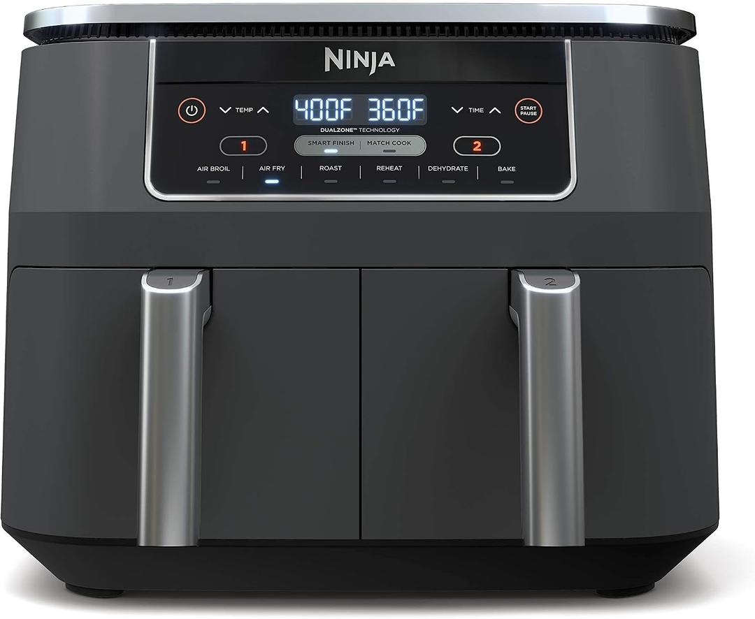 Ninja DZ201 Foodi 8 Quart 6-in-1 DualZone 2-Basket Air Fryer with 2 Independent Frying Baskets, Match Cook & Smart Finish to Roast, Broil, Dehydrate & More for Quick, Easy Meals, Grey, 8qt