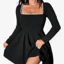 Women's Long Sleeve Mini Dress Pearl Square Neck Ruffle Hem Short Dress Bride Party Club Elegant Dresses M