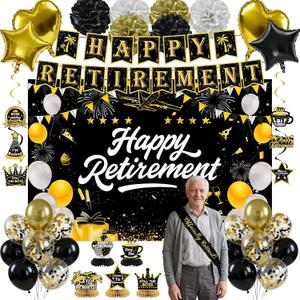 Retirement Party Decorations, Black Gold Happy Retirement Decorations for Women Men Happy Banner & Backdrop Hanging Swirls Foil Balloon Retire Sash Paper PomPoms and Honeycomb Centerpieces