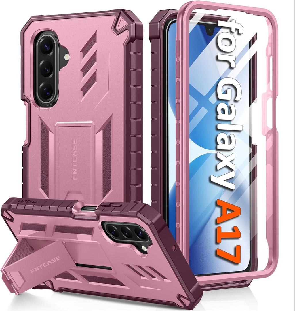 FNTCASE for Galaxy A17-5G Phone Case: for Samsung Galaxy A17 with [Built-in Screen Protector & Kickstand] [Military-Grade Drop Protection] Heavy Duty Protective Shockproof Cell Phone Cover (Rose Pink)