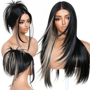 BrownBomb Black Blond Skunk Stripe Wear and Go Glueless Wigs Pre Plucked Pre Cut for Beginners Synthetic Lace Front Wigs With Bangs Long Straight layered Wigs Highlights 26 Inch 3 Seconds to Wear