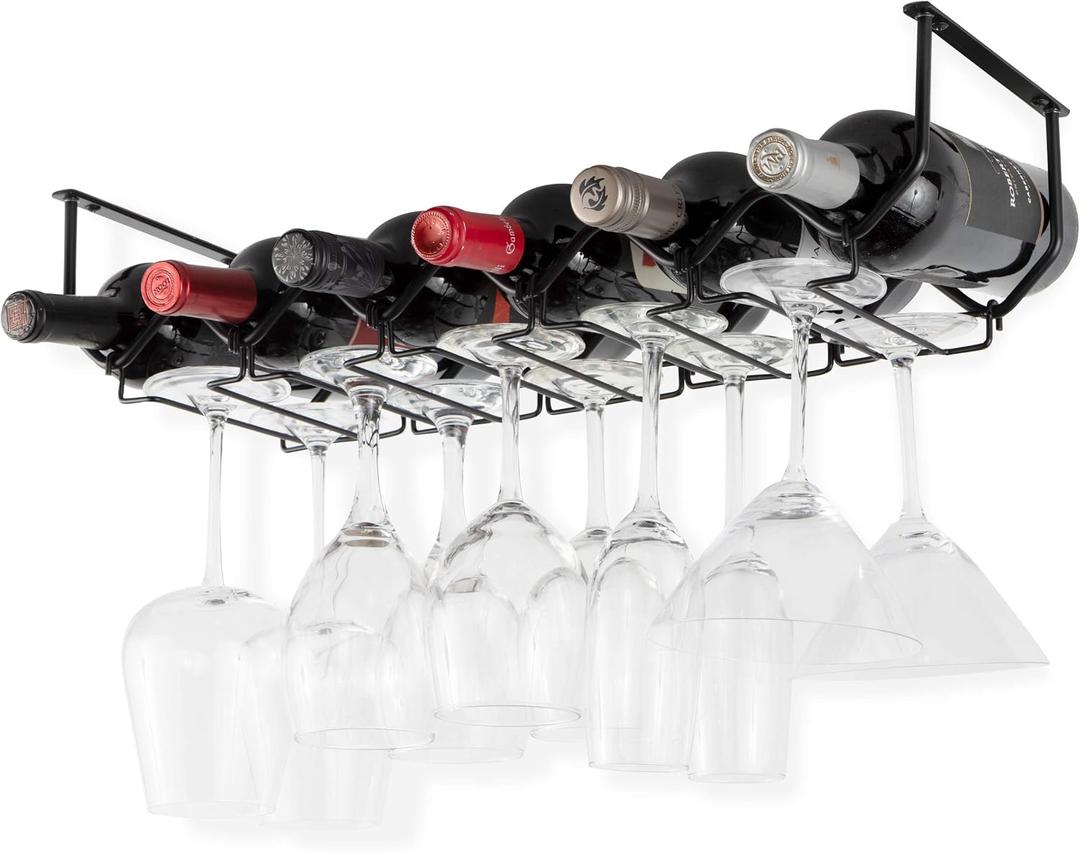 Wallniture Piccola Under Cabinet Wine Rack & Glasses Holder, Kitchen Organization with 6 Bottle Organizer Metal Black, 4.2x 21.7x 7.3 Inches