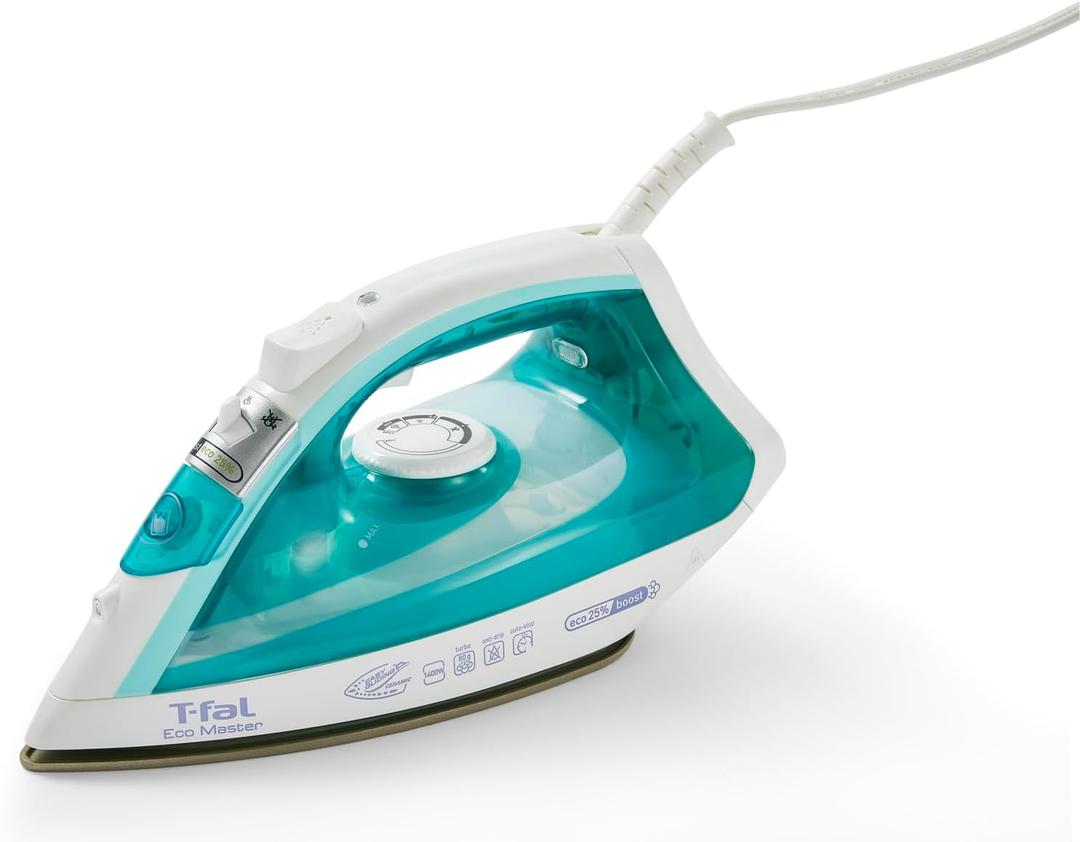 T-fal, Iron, Ecomaster Steam Iron for Clothes, Ceramic Soleplate, Eco-Friendly with Steam Trigger, 1400 Watts, Anti-Drip, Ironing, Programmable Steaming, Blue Clothes Iron, FV1742U0 (Small)