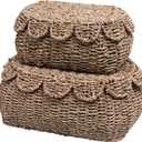 Set of 2 Hand Round Wicker Storage Baskets, Rattan Basket Decorative Boxes, Woven Storage Box Seagrass Baskets with Lids, Scalloped Edge Wicker Basket with Lid