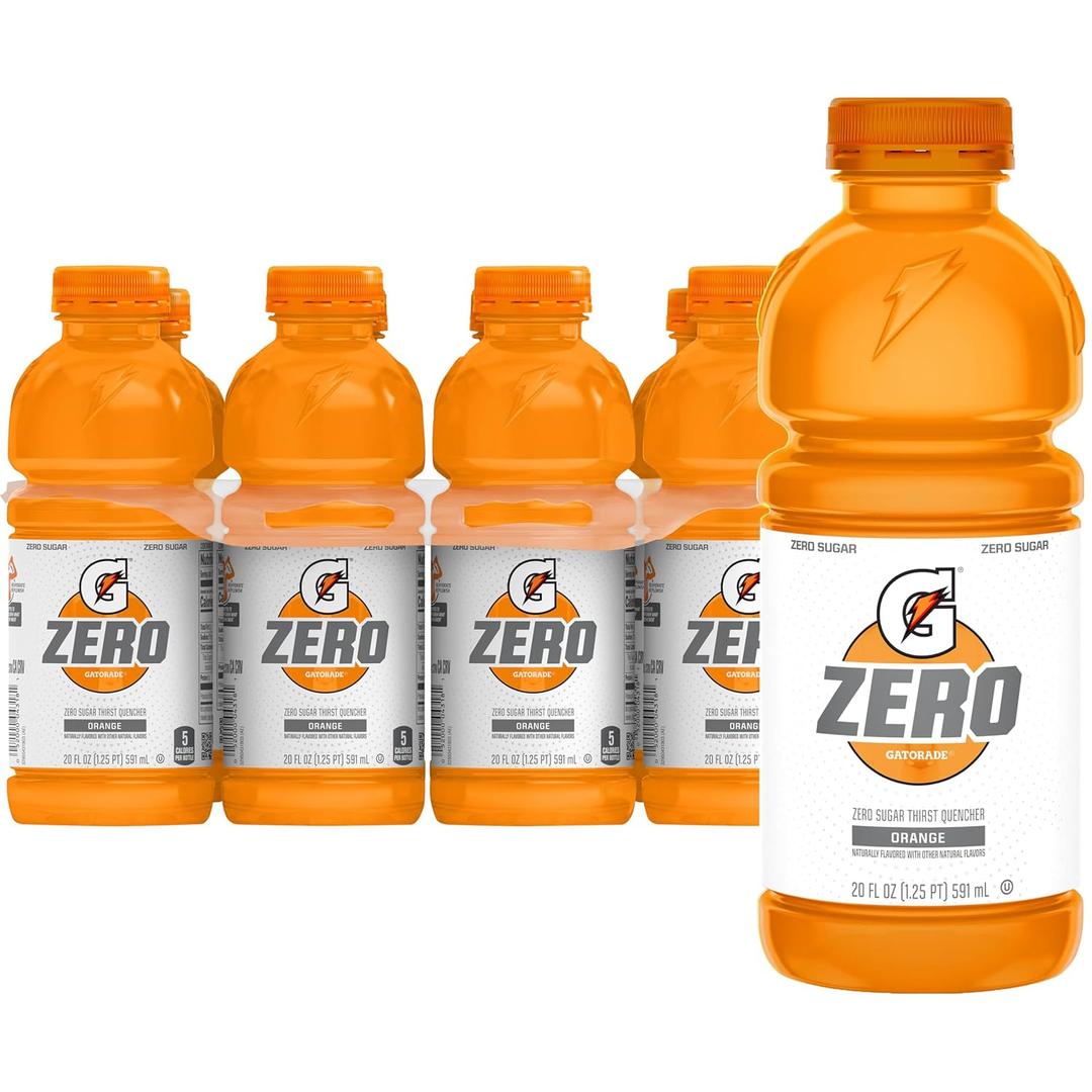 Gatorade Thirst Quencher Zero Sugar Sports Drink, Orange, 20oz Bottles, 8 Pack, Electrolytes for Rehydration (EXP 01/22/27)