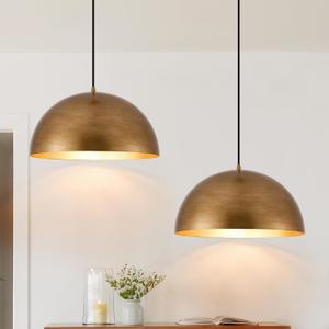 16" Dome Gold Pendant Light, Farmhouse Pendant Lights for Kitchen Island, Modern Adjustable Hanging Lamp for Dining Room Living Room Hallway Cafe Bar 2 Pack