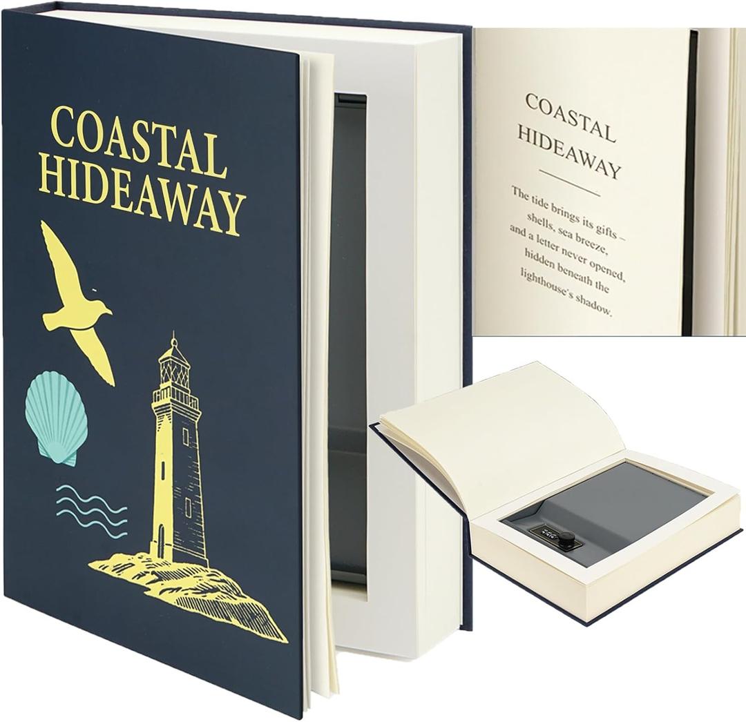 Large Decorative Book Safe with Combination Lock, 10.82"7.67"1.77" Hidden Storage Diversion Box for Cash, Phone, Passport, Valuables Home Office Bookshelf, Coastal Hideaway