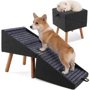 17.13" H Dog Stairs for Small Dogs, 2-in-1 Pet Steps & Ottoman - Foldable Dog Stairs for Couch, Non-Slip Wooden Pet Stairs for Puppy Senior Injured Dogs (Black)