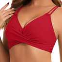 Womens Twist Front V Neck Bikini Top Push Up Padded Swim Top Swimsuit Lace Up Criss Cross Back Bathing Suits Tops (Red, XS)