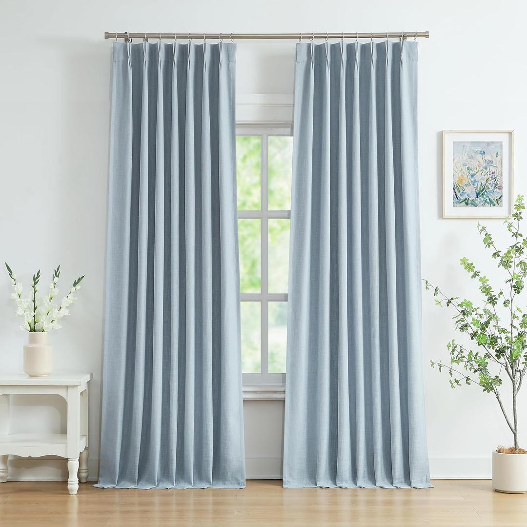 WEST LAKE 90 Inches Length Dusty Blue Pinch Pleated 100 Blackout Curtain Panels with Liners,Linen Textured Drapes for Bedroom Living Room,Energy Efficient Backtab Hooks Window Treatment,40" Wx90 Lx2