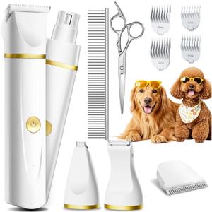 Dog Grooming Kit with Paw Trimmer, All-in-One Low Noise Electric Rechargeable Small Quiet Pet Clippers Foot Dog Hair Shaver with Stainless Steel Scissors and Comb for Dogs at Home (White)