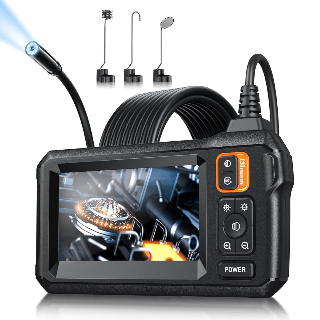 Endoscope Camera with Light, Inspection Borescope Camera with 4.3" IPS Screen, 1920P HD with 8 LED Lights, 16.4FT Semi-Rigid Cord Bore Scope, IP67 Waterproof Endoscope for Sewer, Tools(Orange)
