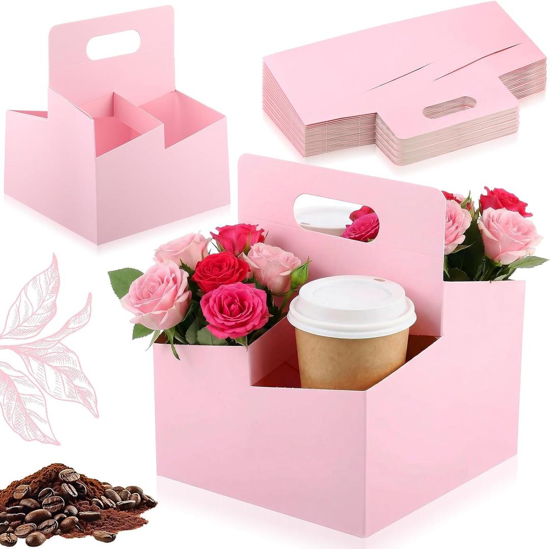 Jetec 50 Pcs 4 Cup Pink Drink Carrier with Handle, Kraft Paperboard Disposable Cup Holder, Food Delivery Accessories for Mother's Day Hot/cold Drinks, to Go Coffee Drink Holder for Flower Gifts