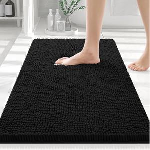 Smiry Luxury Chenille Bathroom Rugs 24x16, Extra Soft and Absorbent Shaggy Bath Mat, Machine Washable, Non-Slip Plush Carpet Runner for Tub, Shower, and Floor, Home Decor Accessories, Black