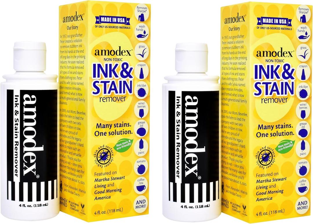 Amodex Ink & Stain Remover for Clothes, Leather and Skin - Removes Ink, Ballpoint, Sharpie, Grease and More, Works on Set-in Stains, Gentle but Powerful, 4oz/120ml Bottle (Pack of 2)